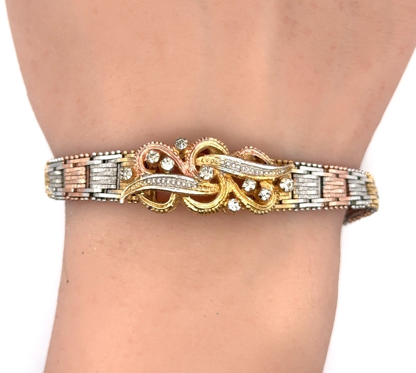 8” 925 Sterling Silver Tri Color Gold Plate CZ Riccio Bracelet, 16.8g