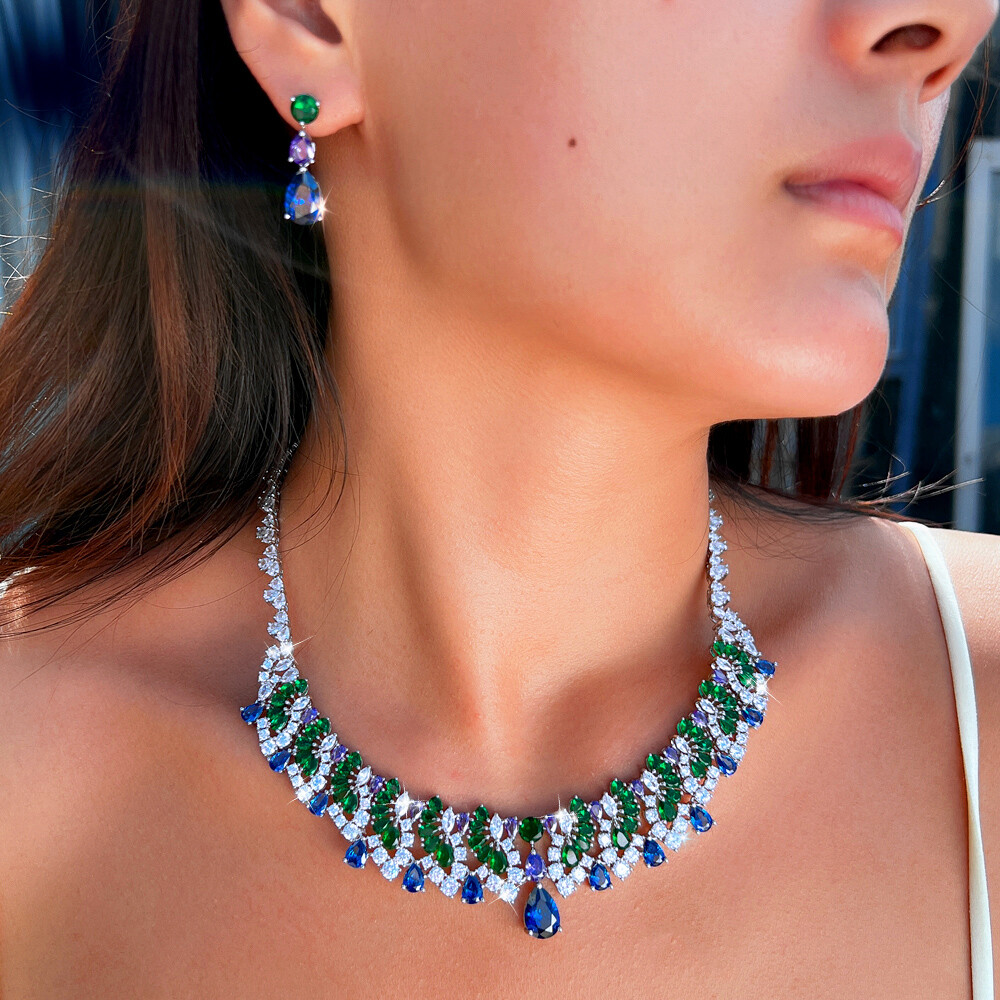 Women Blue Drop Multicolor Necklace Earrings Silver Plated CZ Bridal Jewelry Set