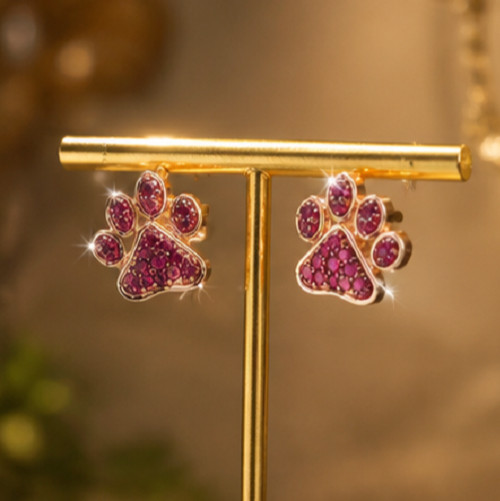7ct Round Cut Simulated Pink Ruby Cat Paw Stud Earrings 14k Rose Gold Plated