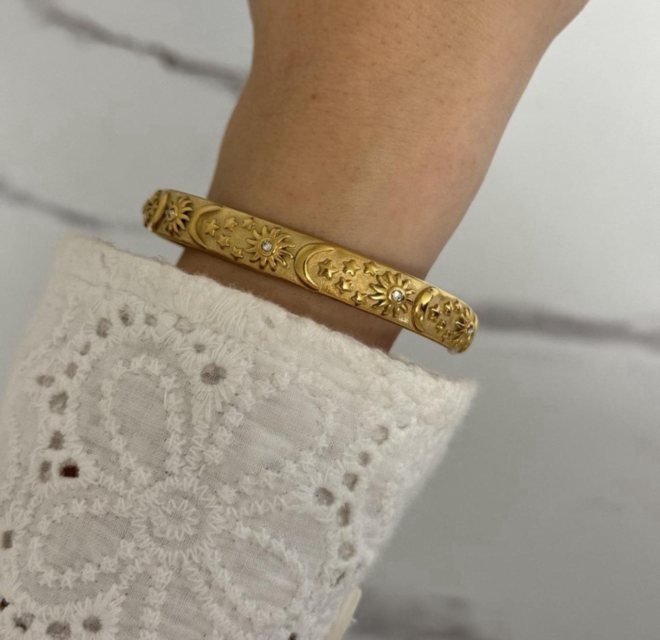 18k Gold Vintage vibe gold bracelet sun moon stars zircon stones