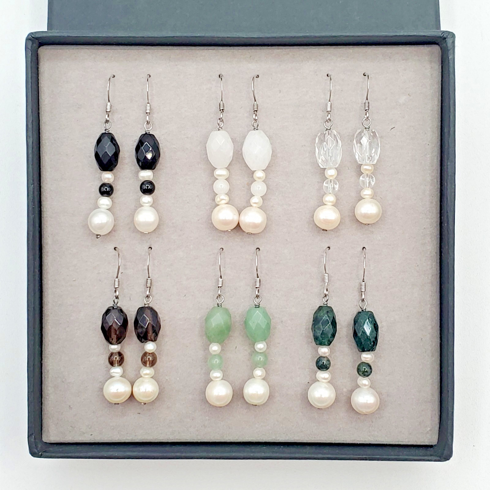6pr 925 Signed Earrings 1.5in Sterlling Silver Pearls Mixed Stones Boxed Set