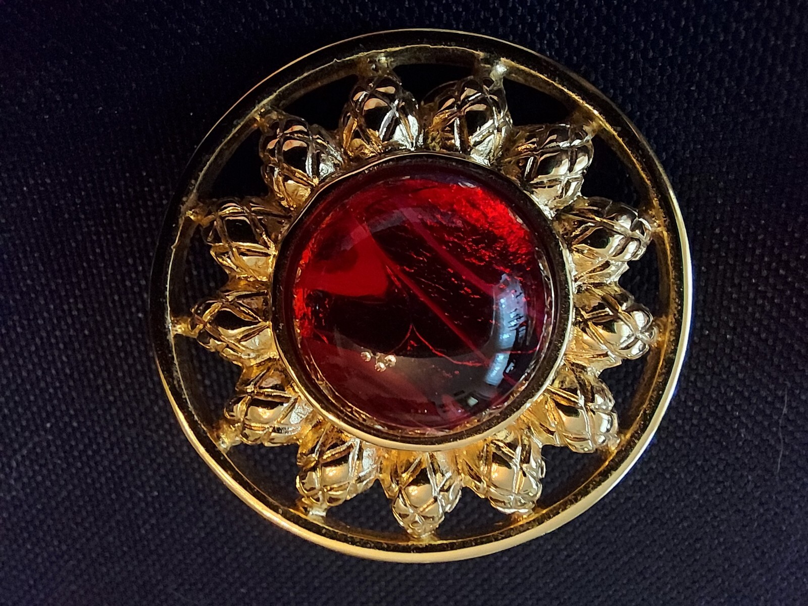 Fendi Red Ruby Glass Simulated Cabochon Sunflower Clip Earrings 1.25″ Dia EUC