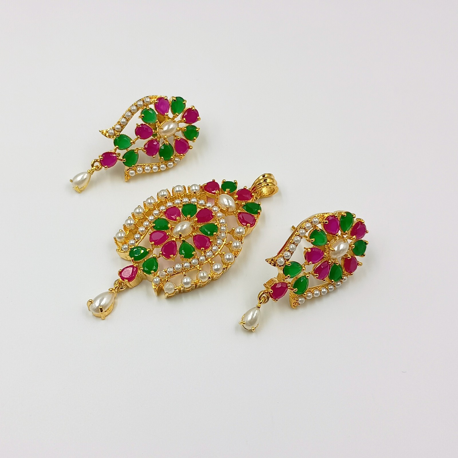 South Indian Ruby Emerald Pearl Pendant Set 22k Gold Plated Bridal Set