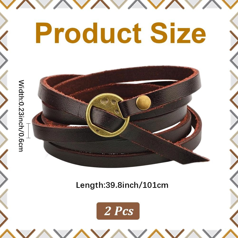 2PCS Genuine Leather Cuff Bracelets Adjustable Cowhide Leather Boho Layered Arm