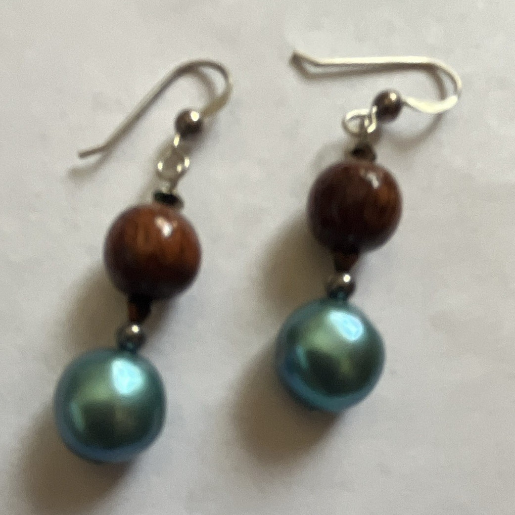 Blue Pearl & Brown Beaded Dangle Drop Earrings Round Beads Hook Closure