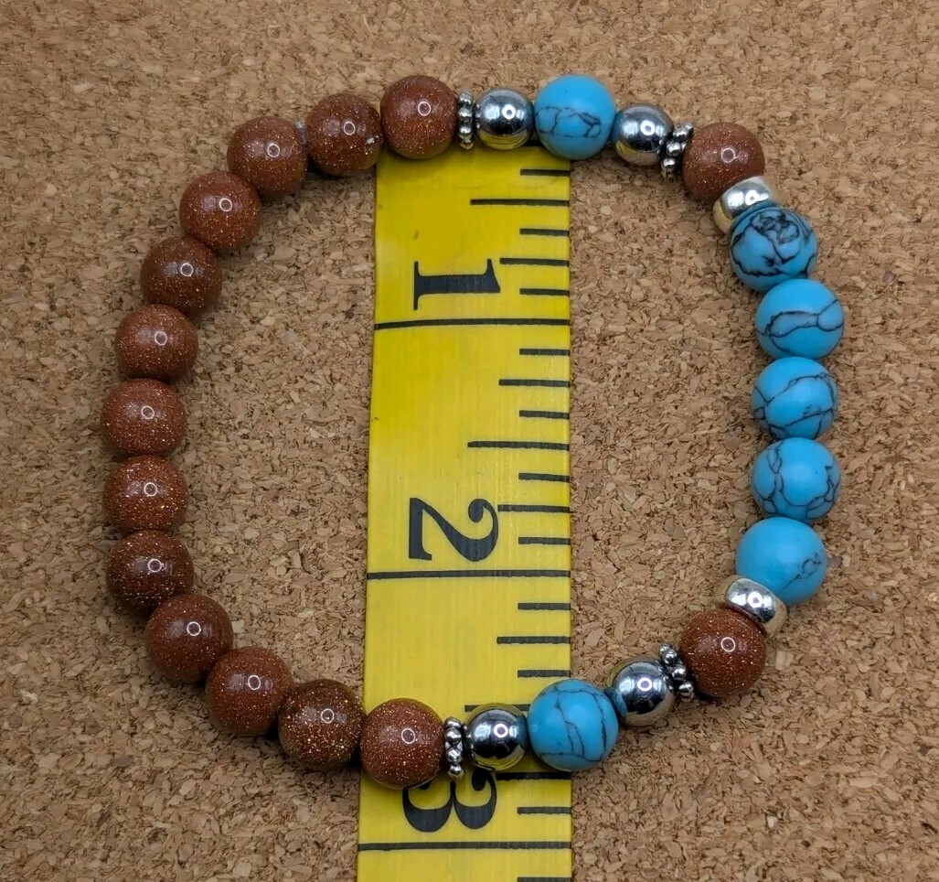 Goldstone, Blue Howlite Beaded Stretch 8mm Artisan Bracelet (18cm) Medium Wrist