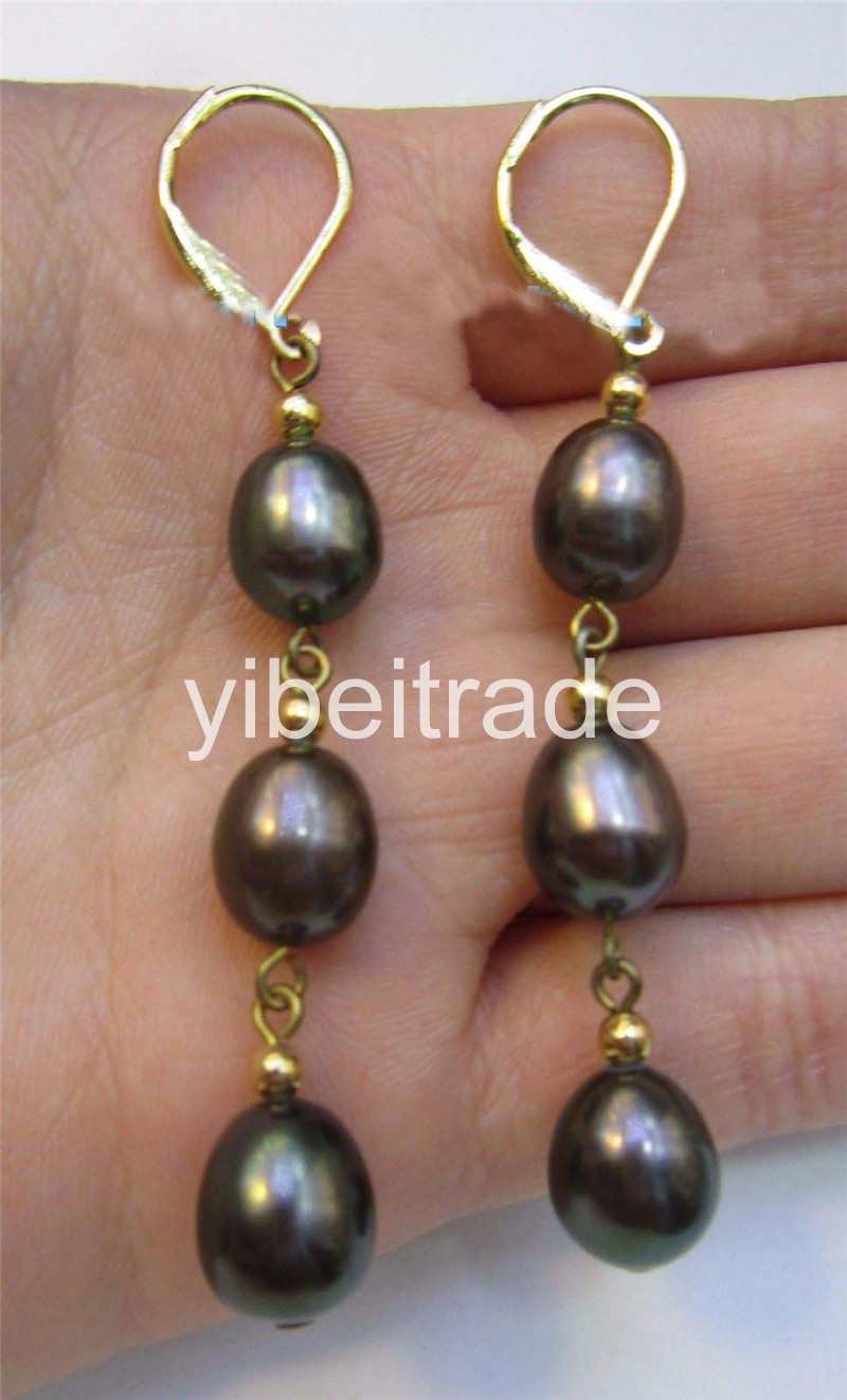 9x11MM AAA south sea black pearl earrings 14K GOLD