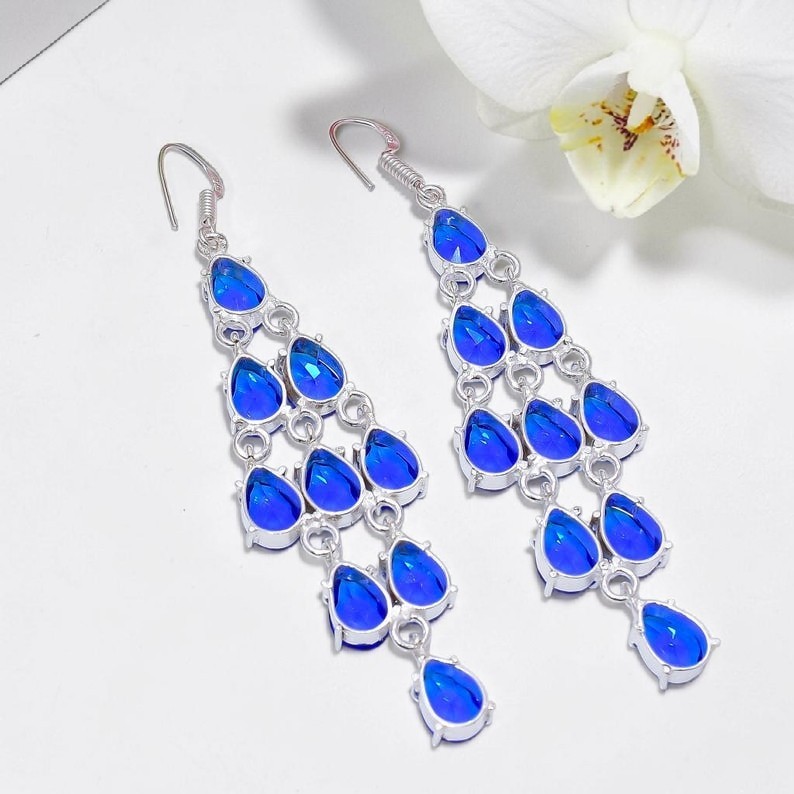 Sterling Silver Tanzanite Chandelier Earrings Faceted Pear Drop Electric Blue