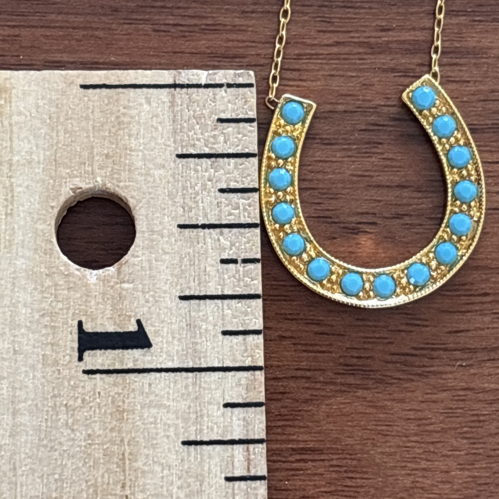 Gold Tone Horse Shoe Faux Turquoise Stone Pendent Necklace Gift Box