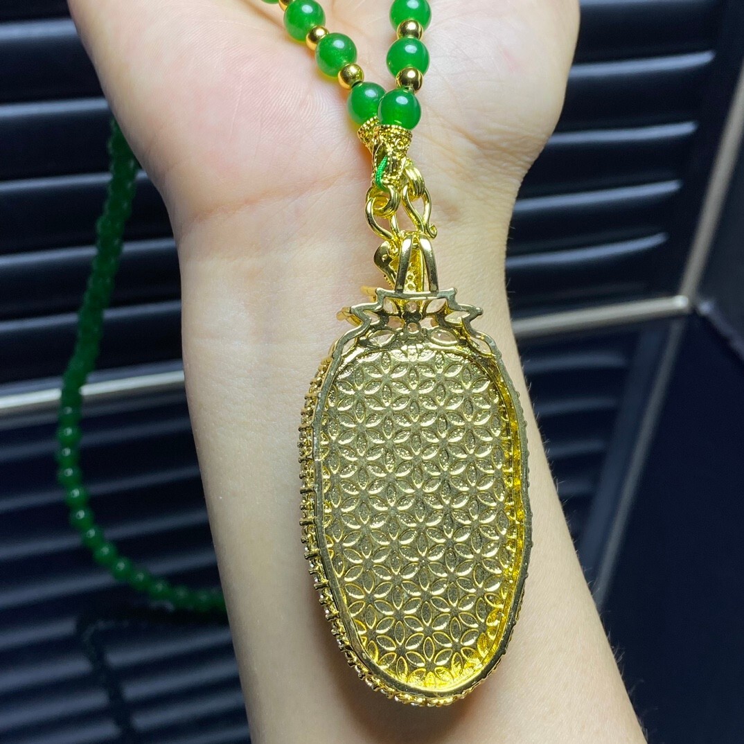 Amulet Natural Ice Green Jade Jadeite Inlay Leaf Pendant&Necklaces 镶嵌金枝玉叶