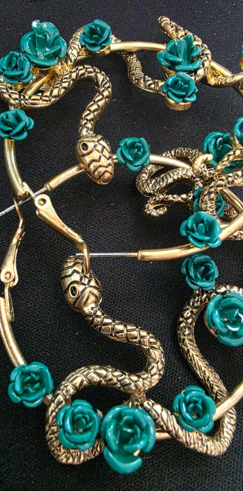 Gold Snake Hoop Earrings 2″ Teal Green Rose Serpent Gothic Flower Statement Pair