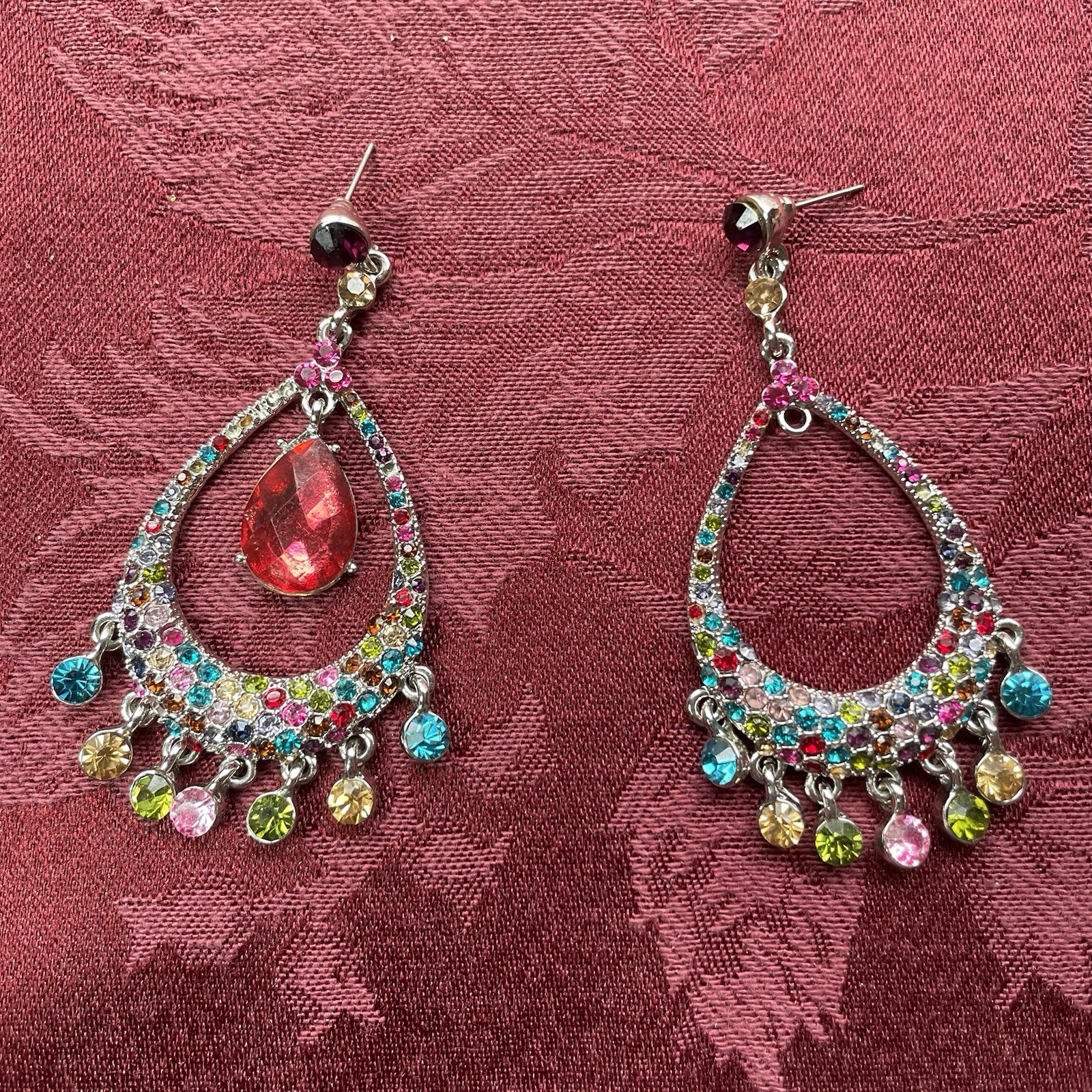 Crystal Drop Fuchsia Multicolor Rhinestones Earrings