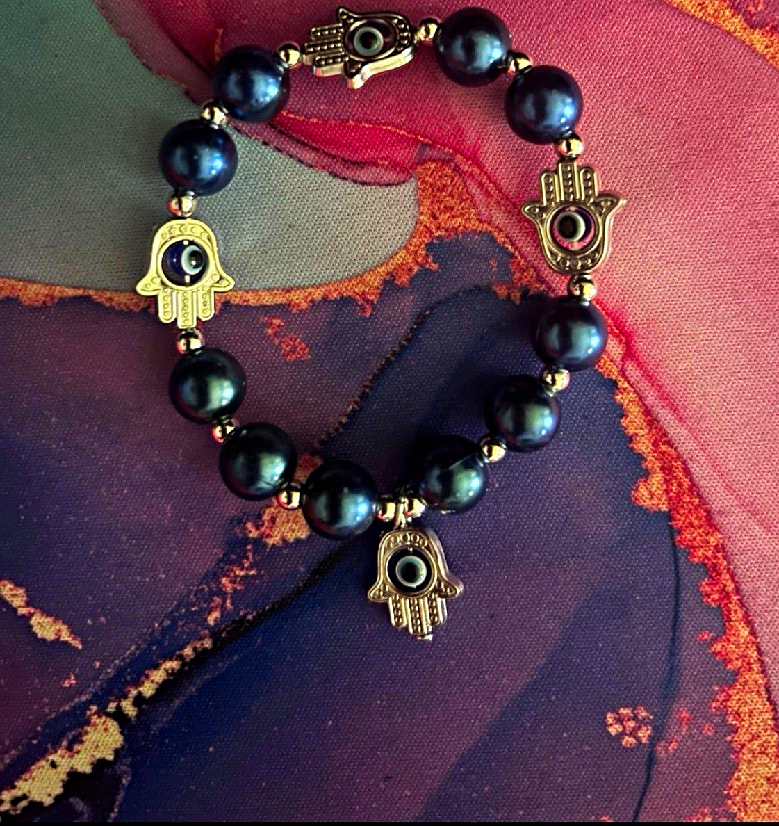 Black Silver Beaded Stretch Charm Bracelet w/ Hamsa Hand Evil Eye Dangle