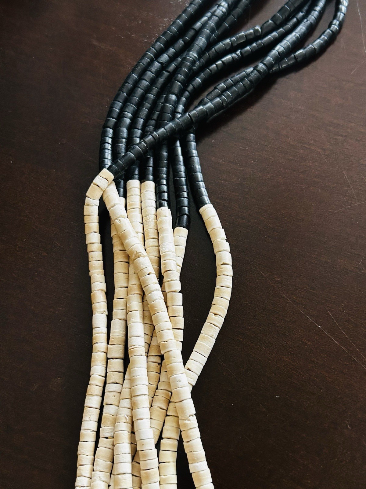 Coconut Shell Necklace 8 Strand Black and Ivory Tribal Unique Ethnic 32 in