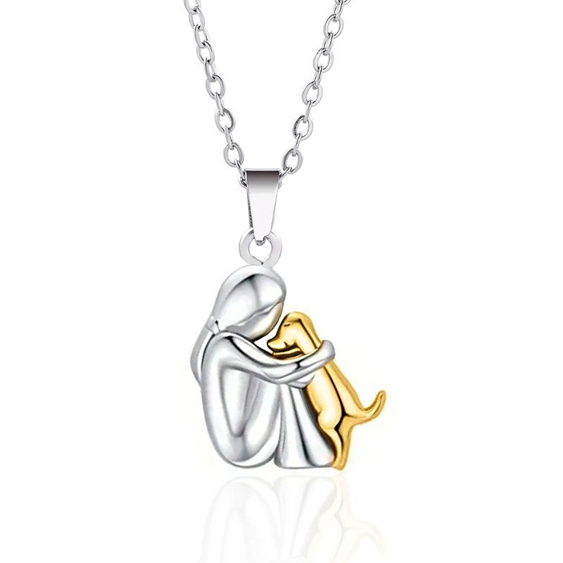 Cute Two Tone Color Girl Hugged Dog Necklace Fashion Women and Pet Pendant Jewel