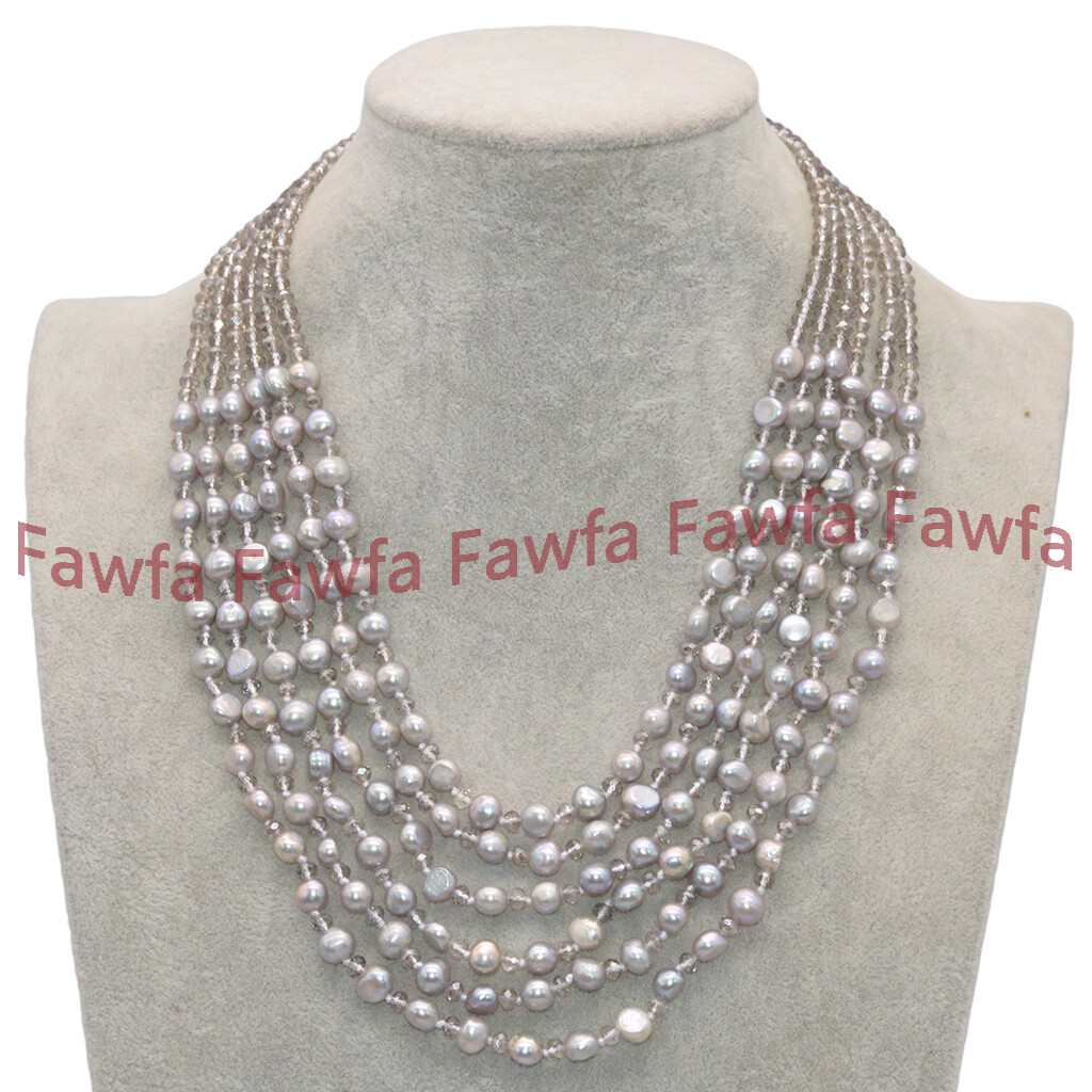 6 Rows 3x4mm Clear Gray Crystal 7-8mm Silver Baroque Pearl Necklace 18-23”