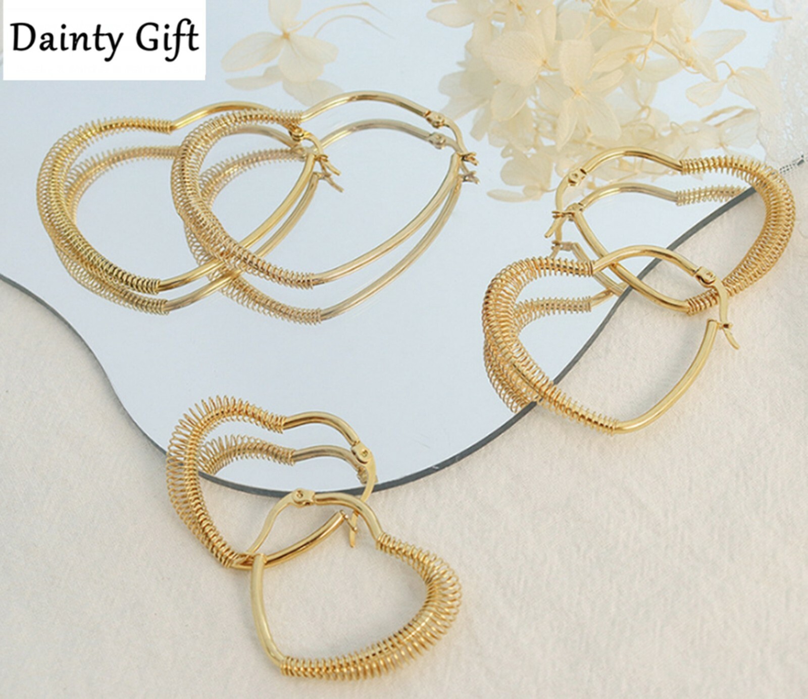 Women Girl Titanium Stainless Steel Gold and Silver Love Wire Heart Hoop Earring