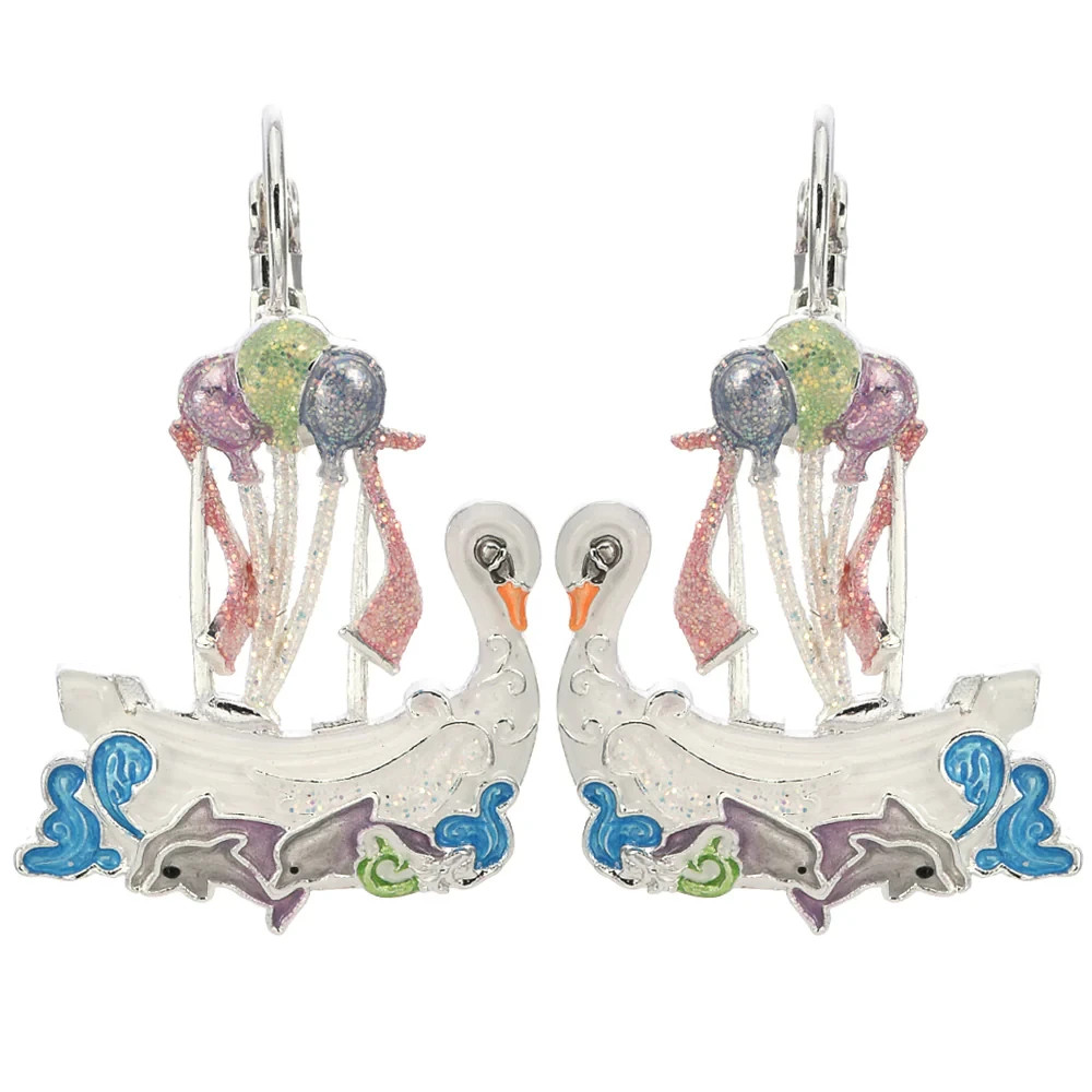 Kirks Folly Enchanted Swan Boat Ship of Dreams & Dolphins Leverback Earrings ST