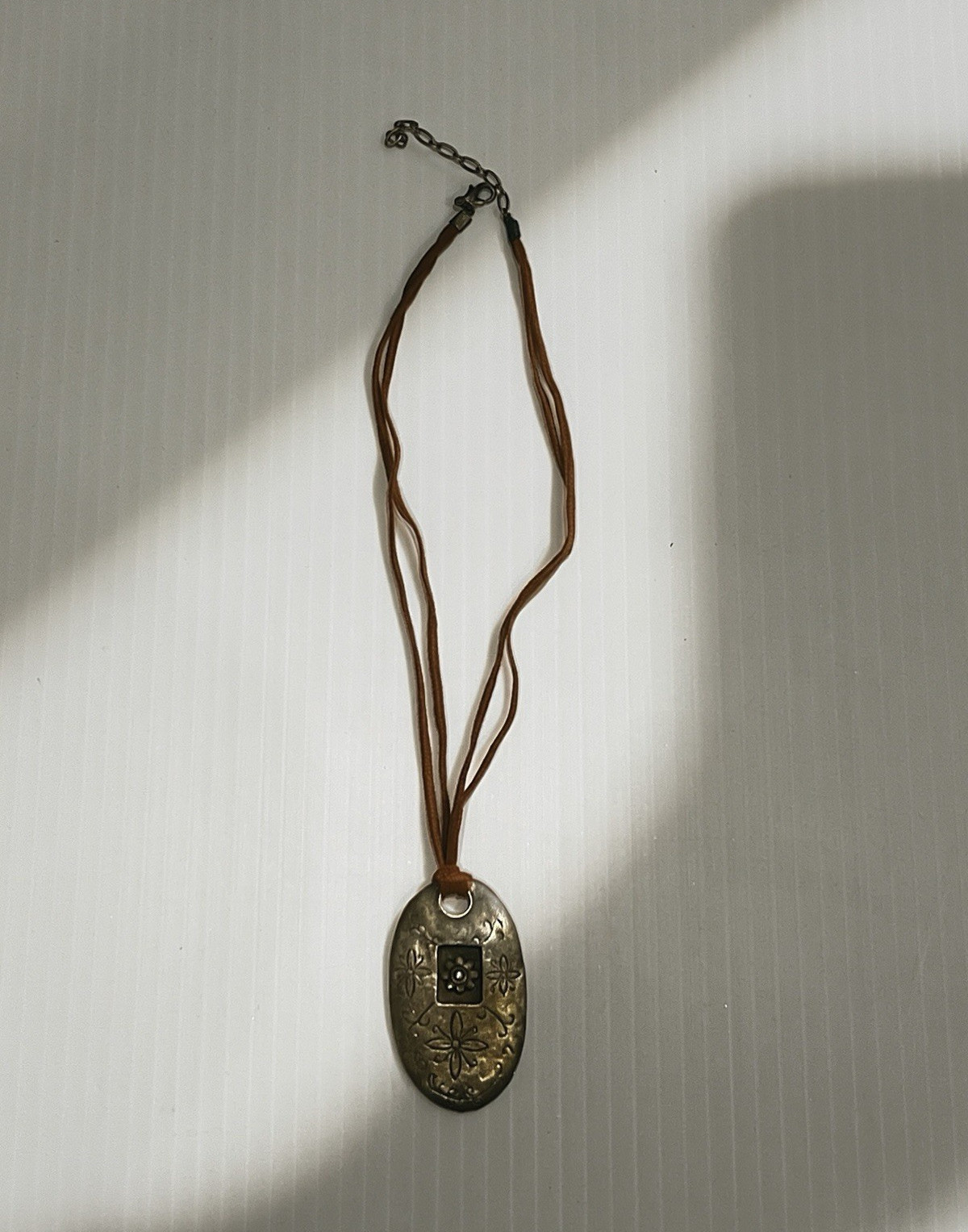 Silver Tone Oval Engraved Floral Charm Pendant Brown Leather Cord Necklace