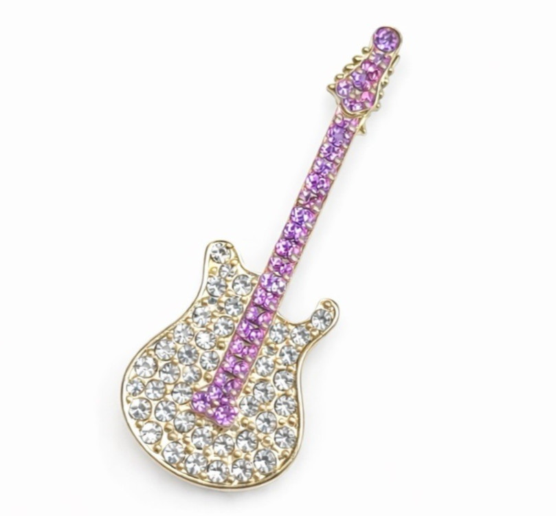 Purple Rhinestone Electric Guitar Brooch with Gold Tone Metal Accent Pin 2.25″
