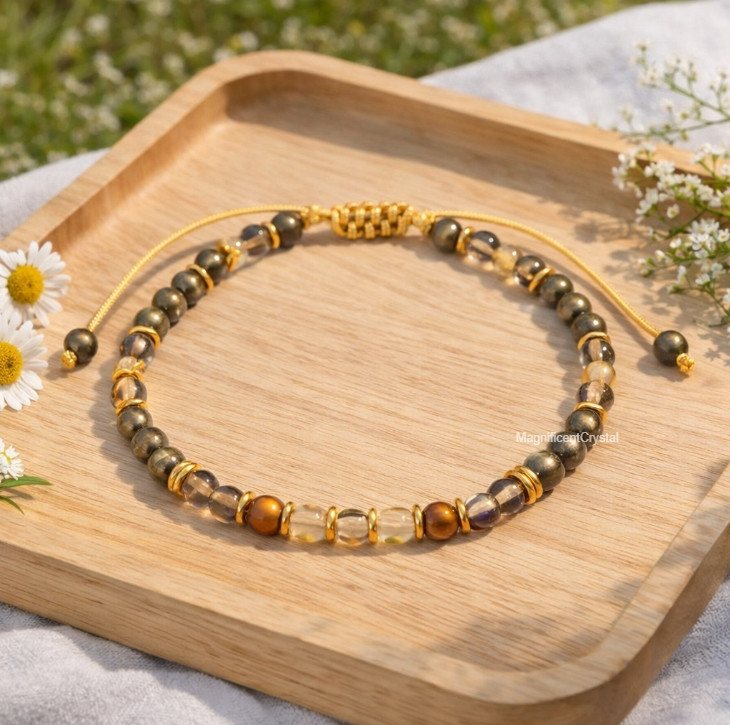 Dainty Tiger Eye Citrine Smoky Quartz Pyrite Bracelet Abundance Healing Jewelry