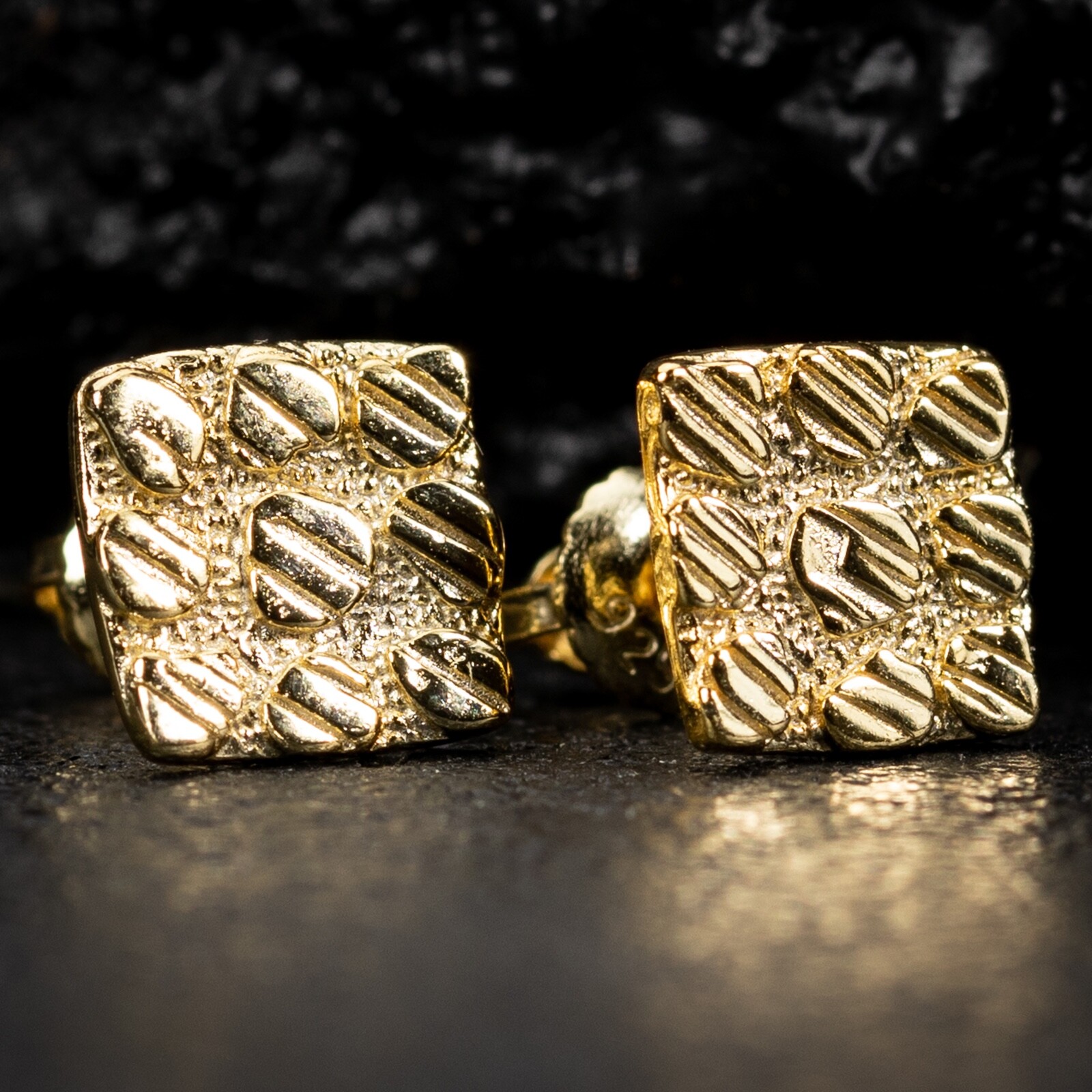Retro Square 14K Yellow Gold Plated 925 Sterling Silver Nugget Earrings
