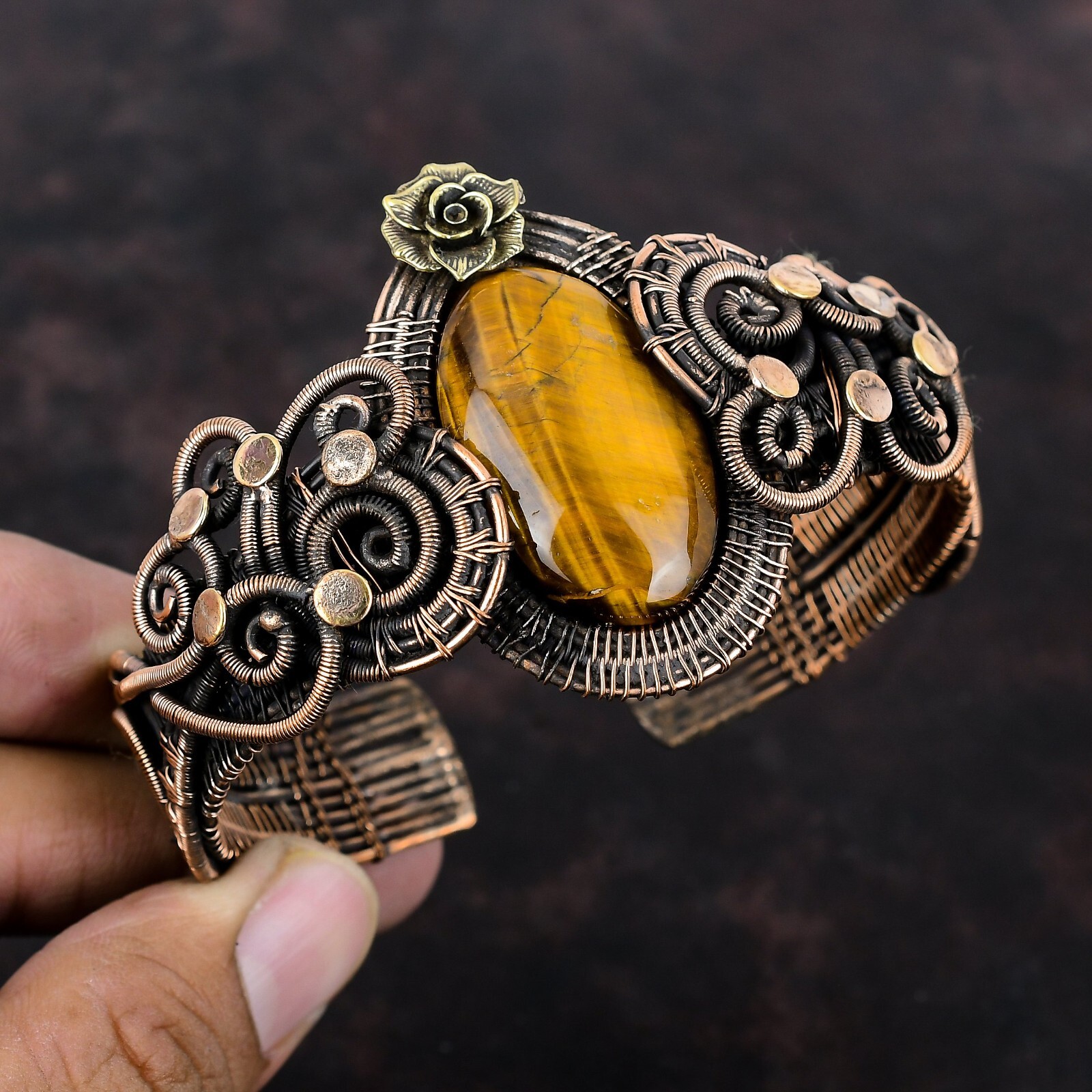 Gift For Her Tiger’S Eye Wire Wrapped Flower Adjustable Cuff Copper Jewelry