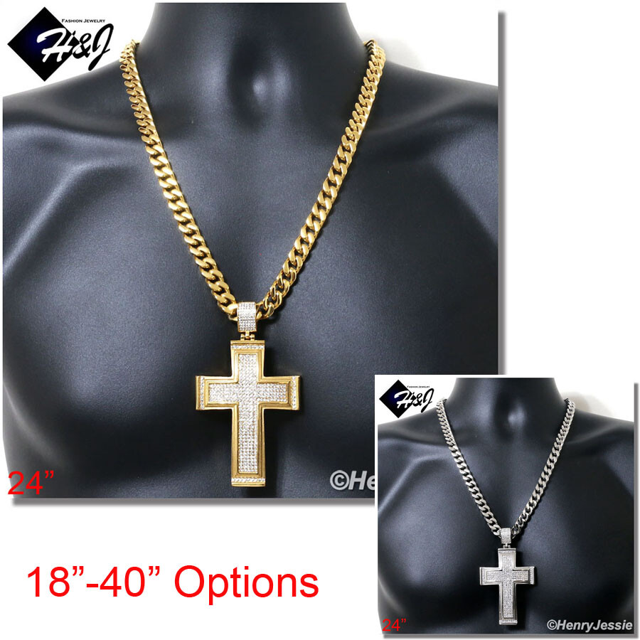 18-40″Stainless Steel 9mm Silver/Gold Plated Cuban Chain BIG CZ Cross Pendant*20