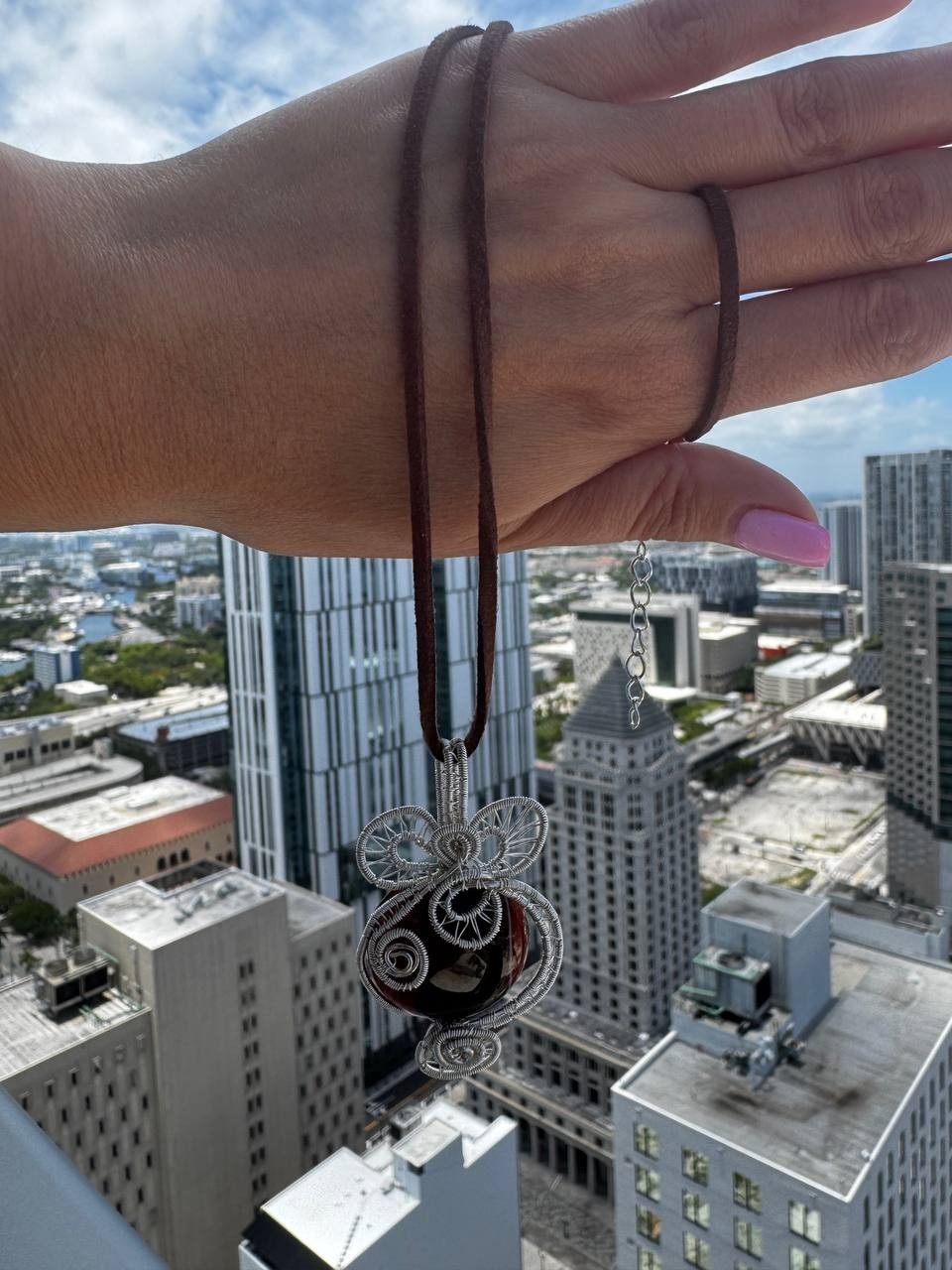 Handmade Banded Sard Agate Wire Wrapped Pendant Necklace Artisan Jewelry