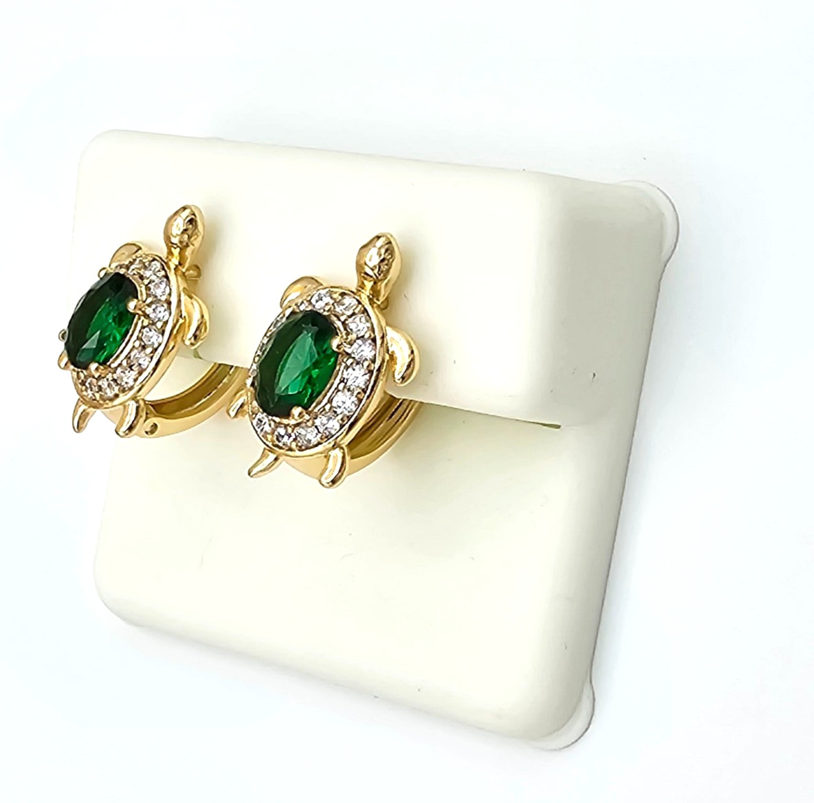 18K Gold Plated Women Green Crystals Turtle Earrings. Small Hoop. Huggies.
