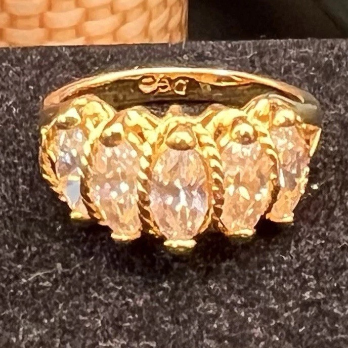 Beautiful Ring, 5 Marquise CZs in Gold Plate Setting, Delicate Rope Design, Sz 9