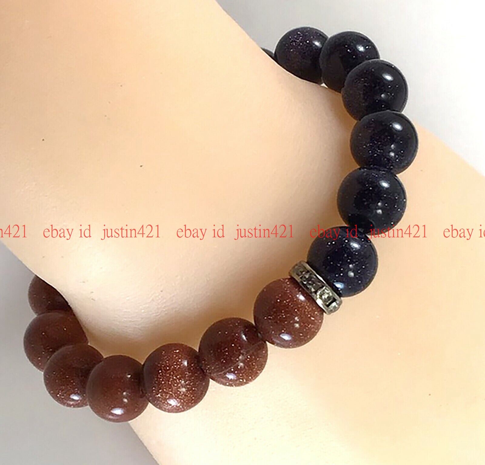 Natural 10mm Pretty Gold & Blue Sandstone Round Gemstone Elastic Bracelet 7.5″