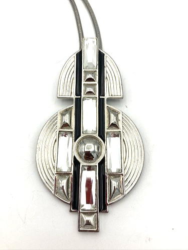 Jaeger Art Deco Style Pendant Necklace silver-tone on thin chain vintage vgc