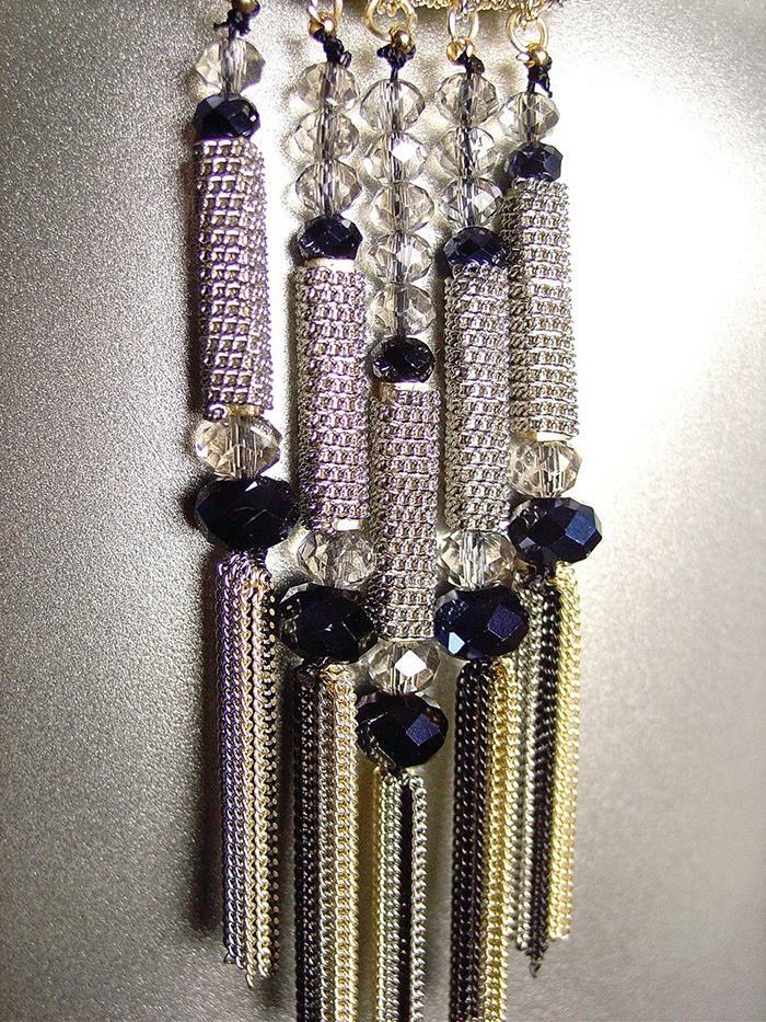 NEW ARTISANAL Smoky Crystals Metal Beads Chain Tassels Pendant 32″ Long Necklace