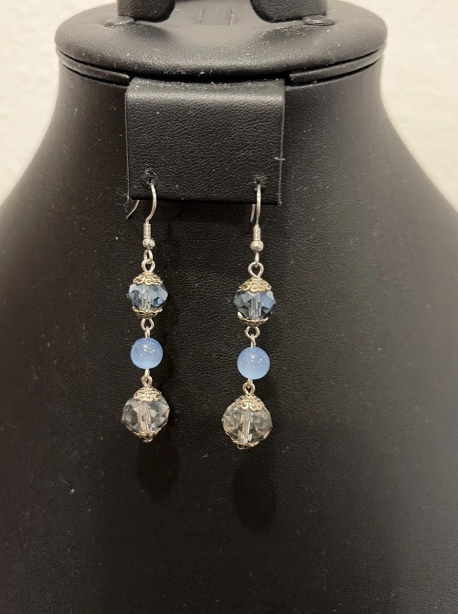 Handmade Blue Grey Silver Beaded Glass Crystal Catseye Dangle Fashion Earrings