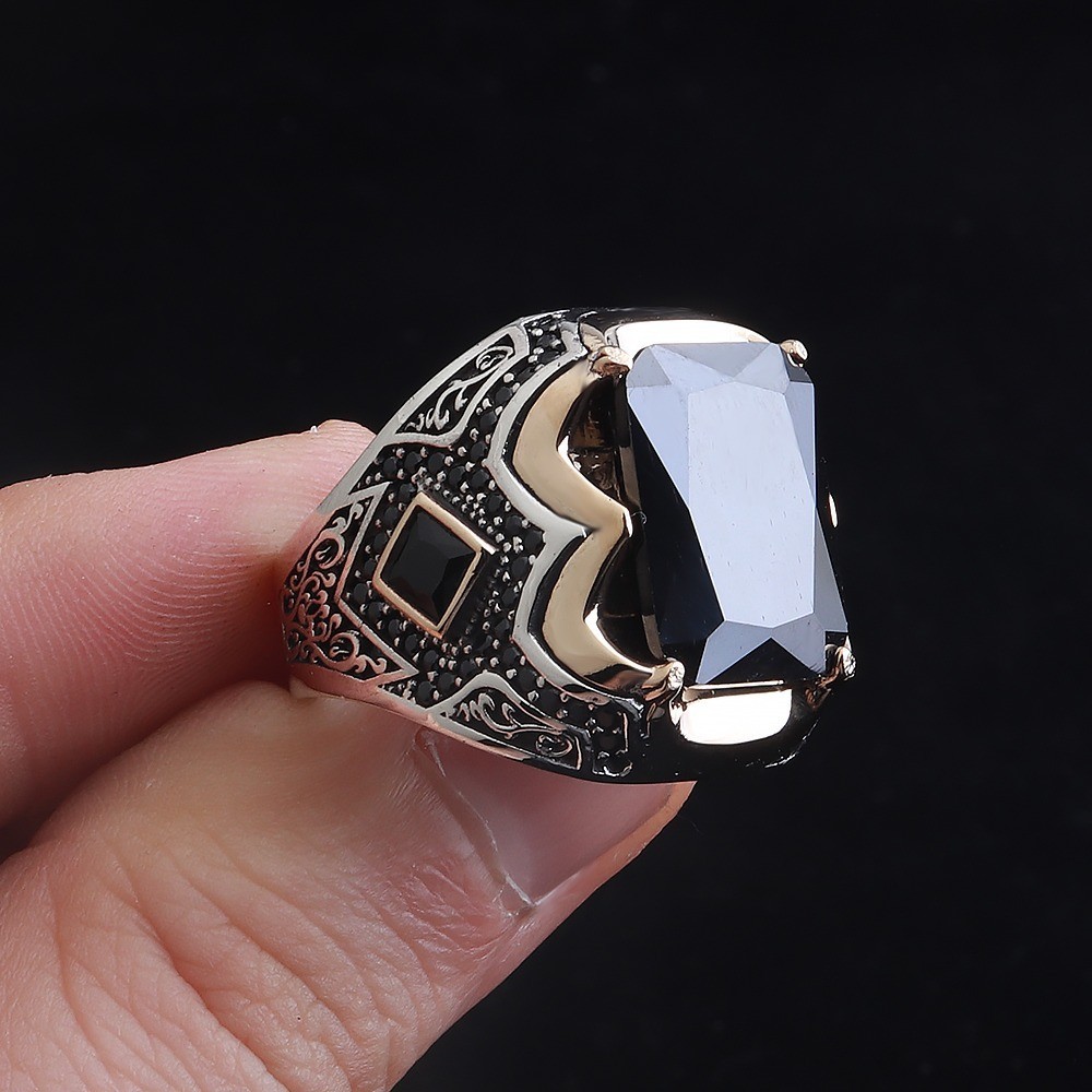 Turkish Handmade Jewelry 925 Sterling Silver Black Cut Stone Mens Ring Gift 001