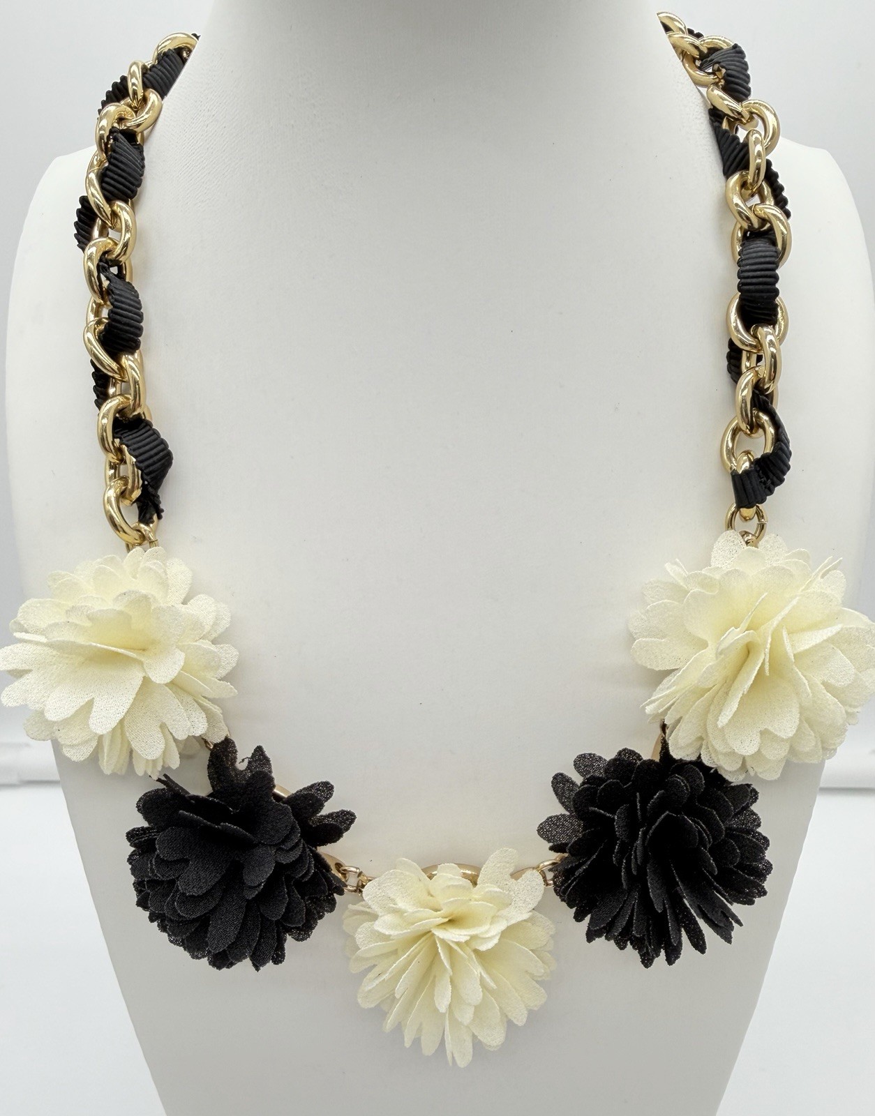 Talbots Black Ivory Floral Statement Necklace Gold Tone Chain Grosgrain Ribbon