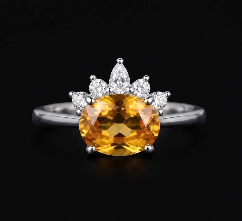 Oval Citrine Crown Ring, 925 Sterling Silver, Yellow Gemstone, CZ Accents,