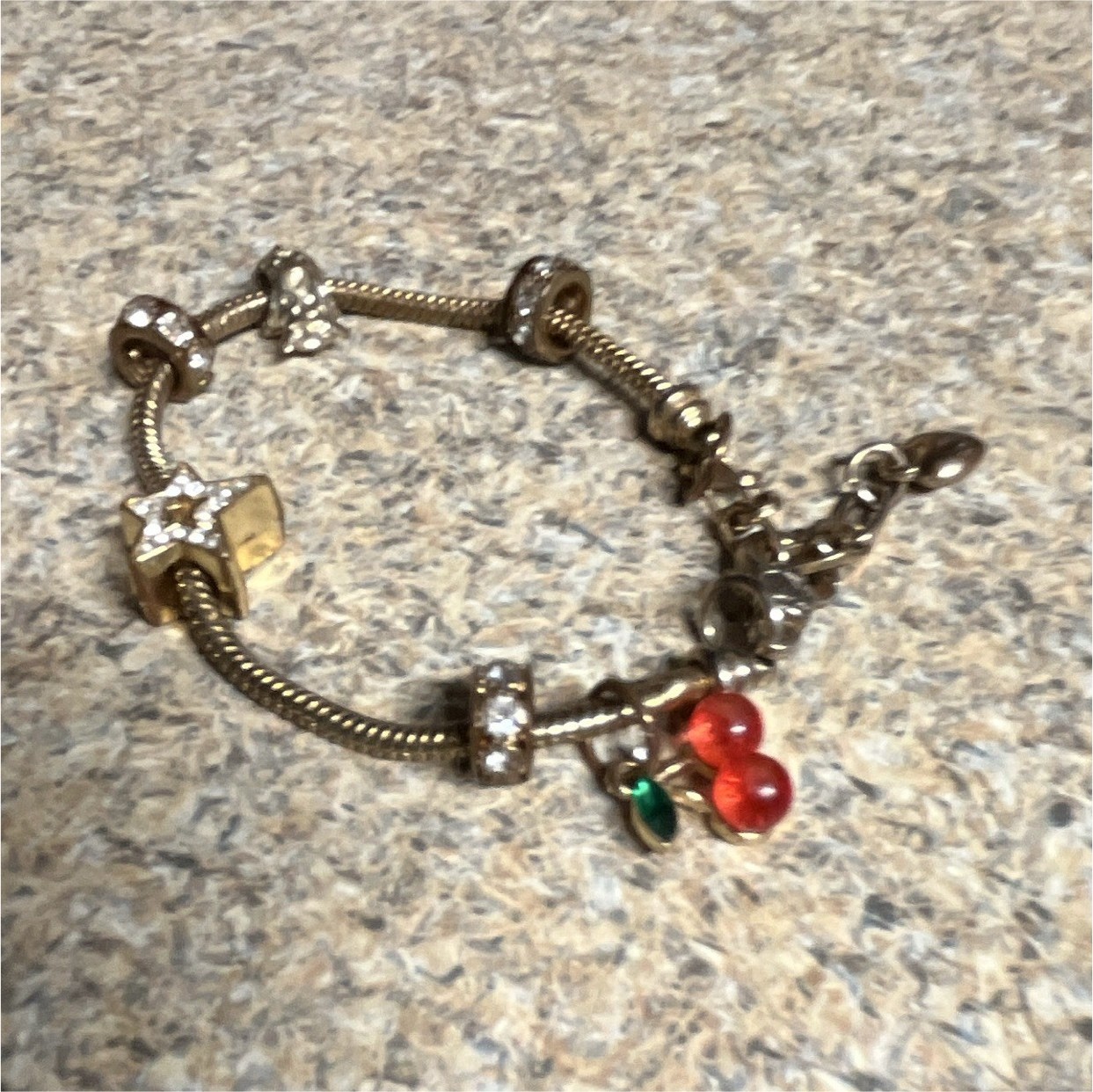 Silver Tone Metal Snake Chain Charm Bracelet Lobster w/ Beads Star Cherry