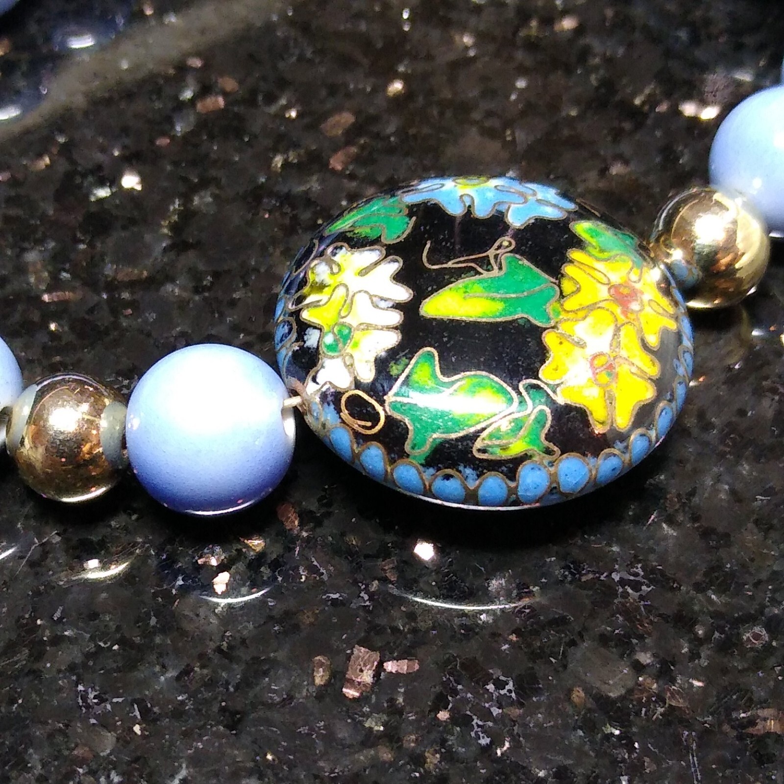 CERAMIC Bead Chinese CLOISONNE Lily Flower Ivy 20″ Necklace Periwinkle Tone EUC!