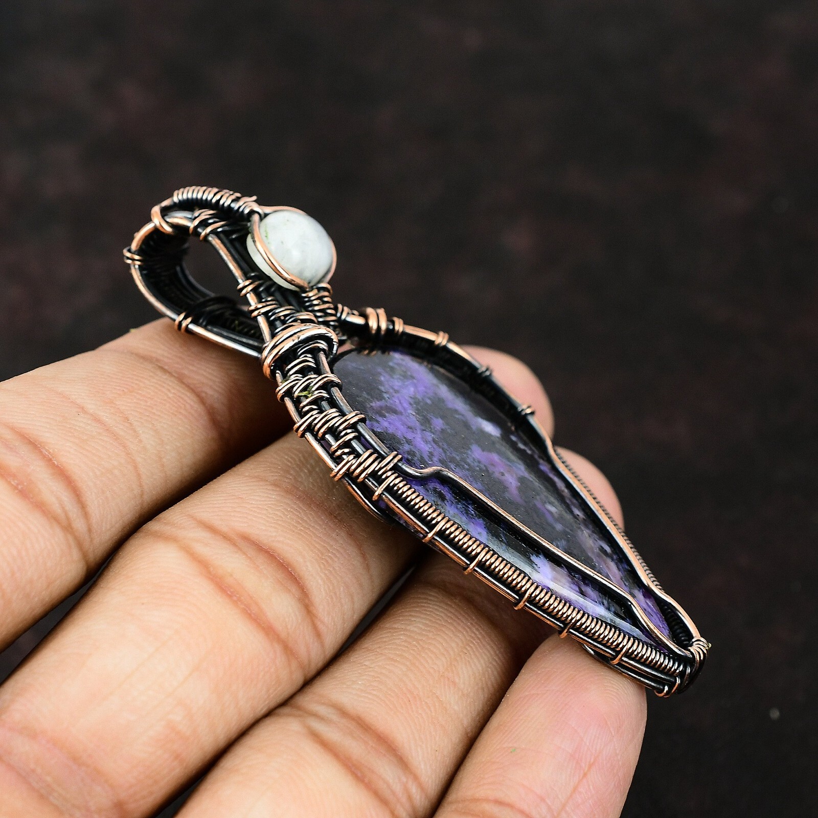 Gift For Her Copper Russian Charoite Gemstone Jewelry Wire Wrapped Pendant 2.87″