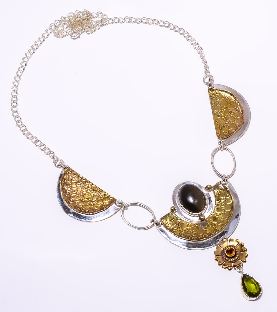 Golden Sheen Obsidian 925 Sterling Silver Two Tone Handmade Necklace 17.99″ T27