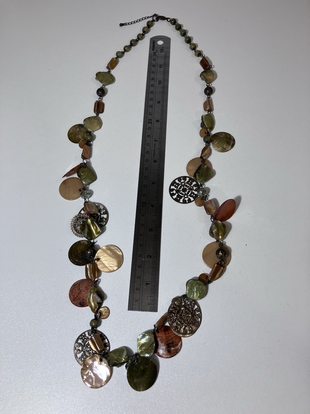 Boho Mother of Pearl Shell Statement Necklace Filigree Green Peach 24in