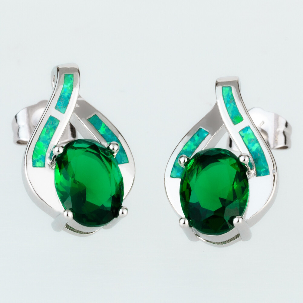 6×8 Simulated Emerald Kiwi Green Fire Opal Silver Filled Jewelry Stud Earrings
