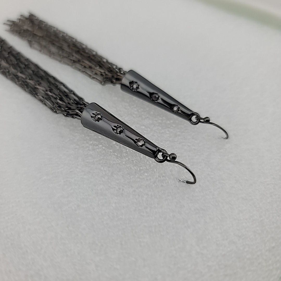 Gun Metal Grey Tassel Fringe Dangle Pierced Earrings