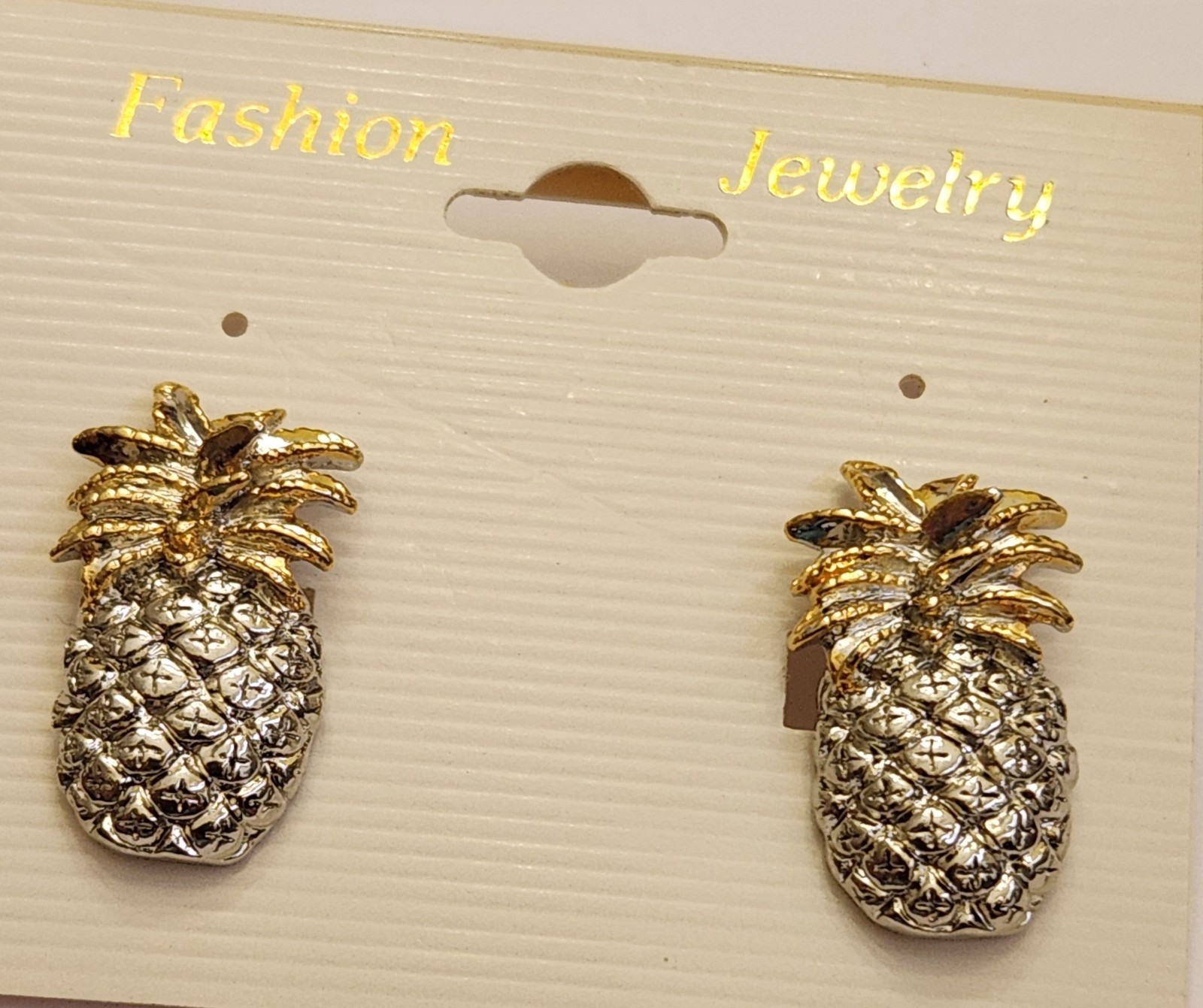Pineapple Shaped 2 Tone Silver & Gold Stud Earrings On Card