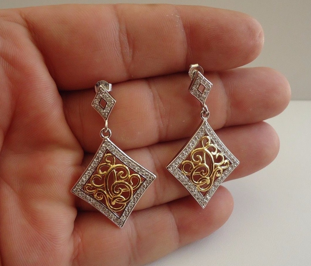 925 STERLING SILVER TWO TONE DROP DANGLING EARRINGS 1.50 ct LAB CREATED DIAMOND