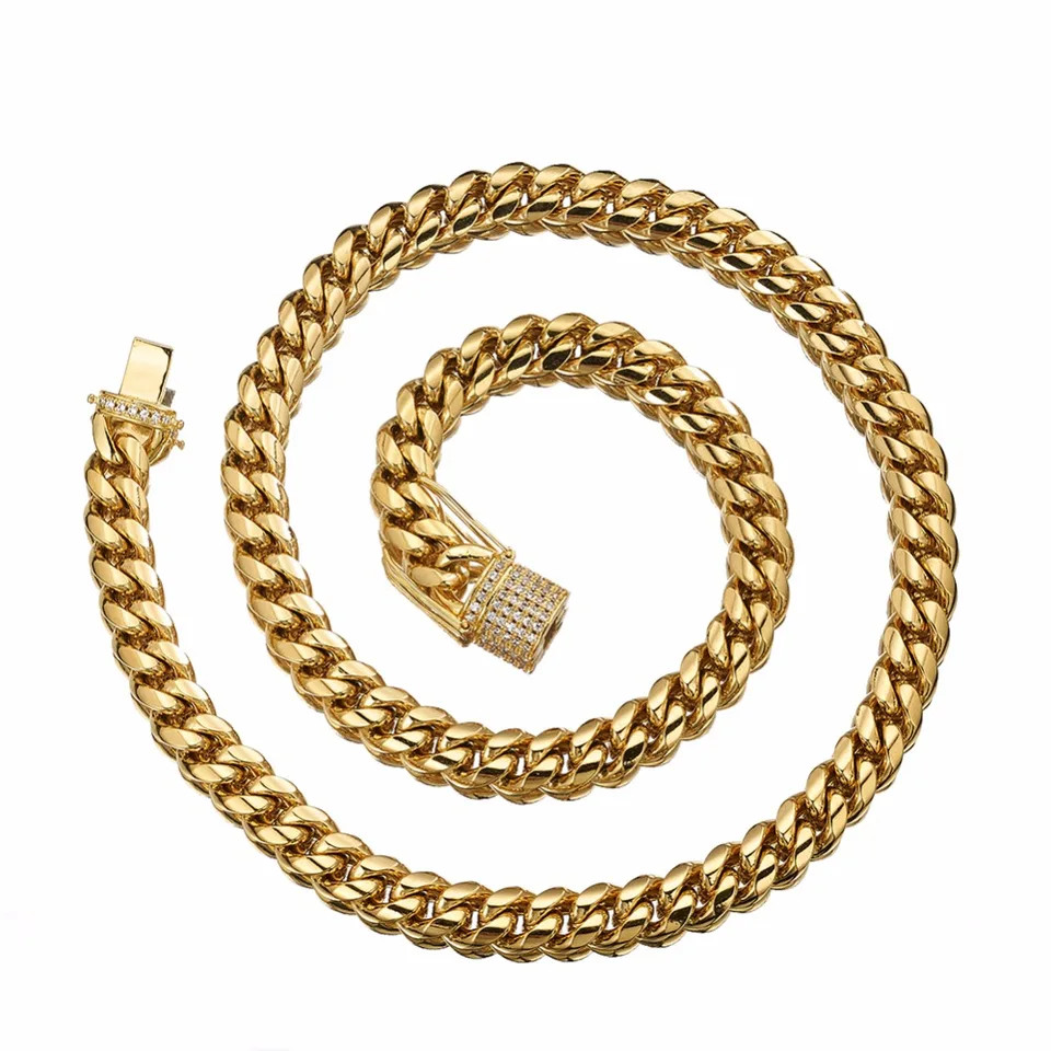 Stainless Steel Chain Necklace Miami Cuban Curb Link Gold Color Men Jewelry