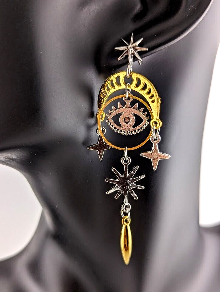 ASTROLOGY EARRINGS gold/ silvertone Evil Eye Star Moon Phase chandelier goth I4
