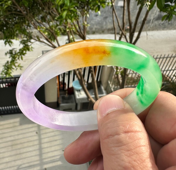 Natural Grade A Jadeite Bangle Tri-Color Green Lavender Yellow Burmese Jade 57mm